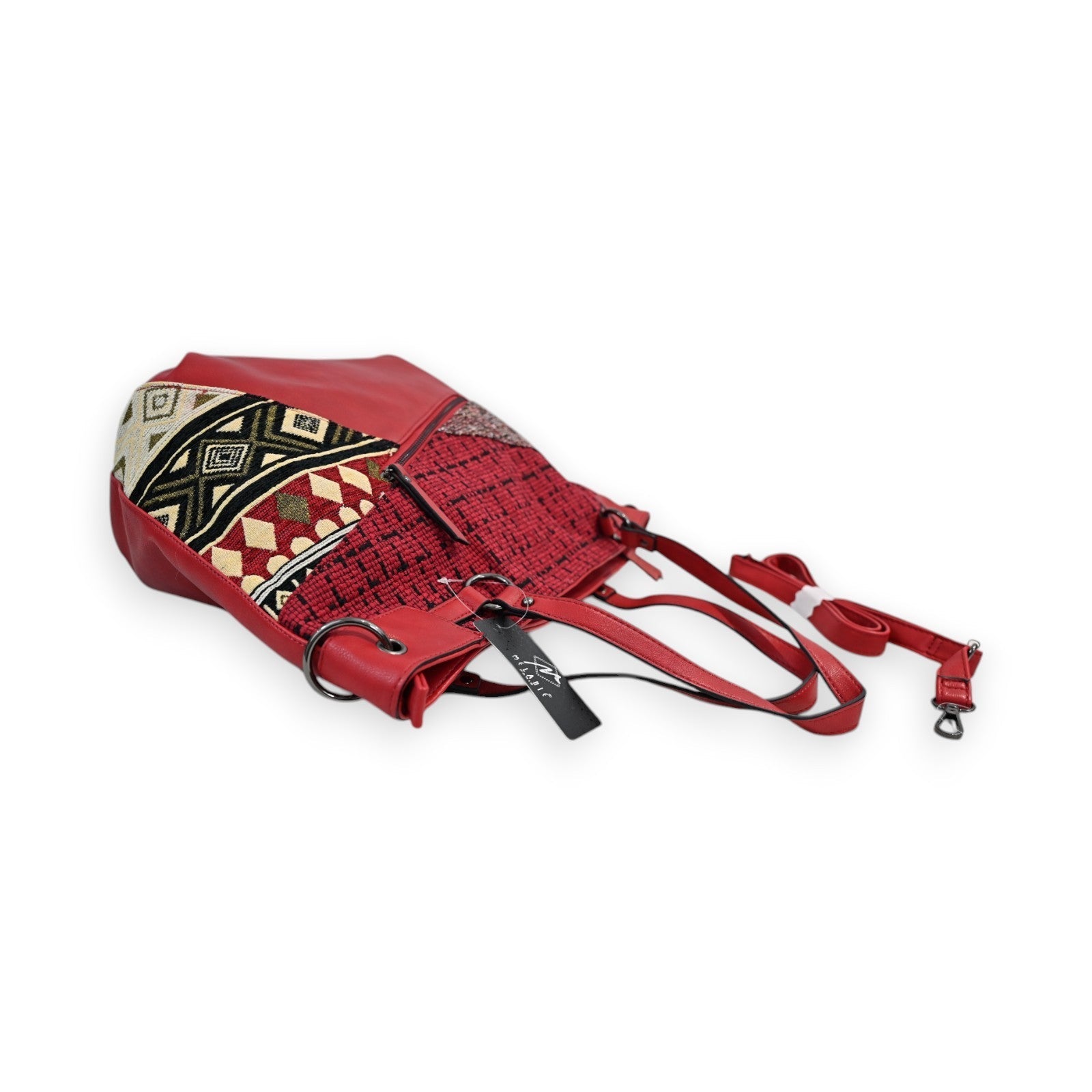 Rote Patchwork-Handtasche mit geometrischem Muster, Lederriemen und Reißverschluss, Marke Mélanie Paris