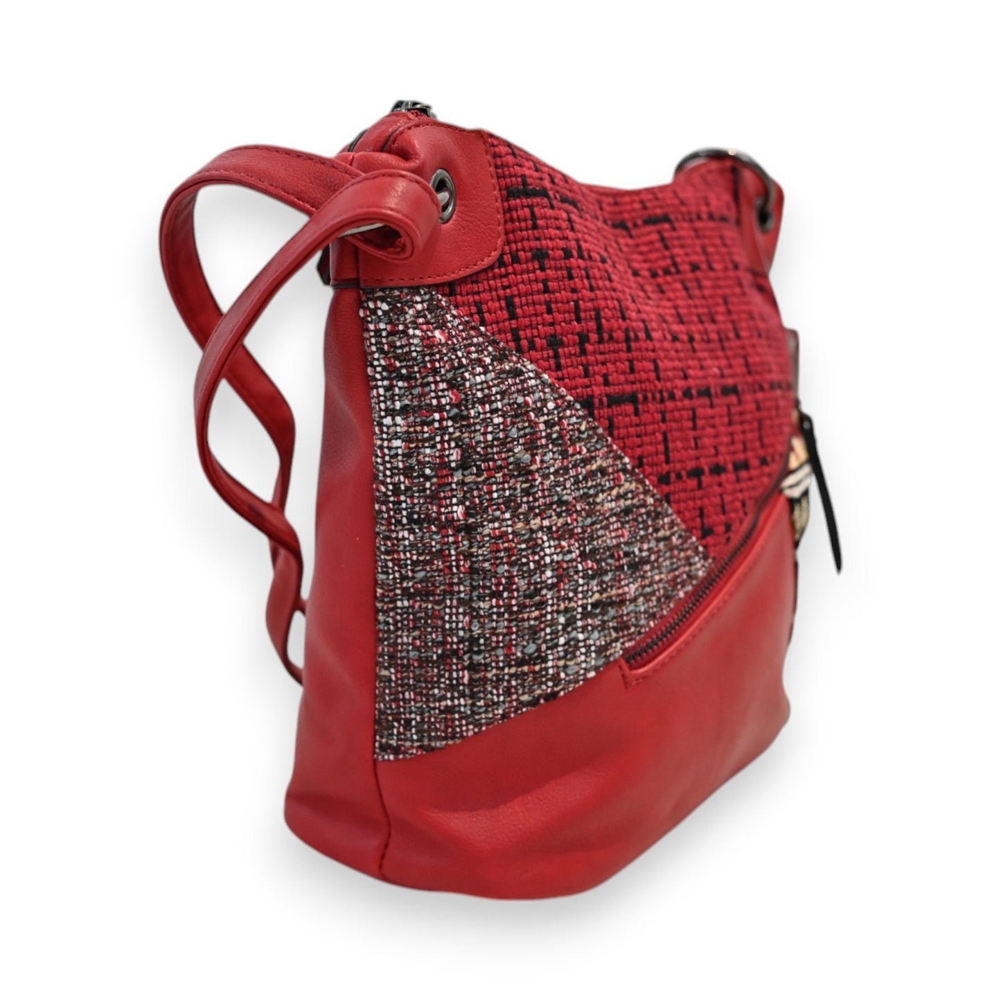 Rote Patchwork-Umhängetasche mit glitzernden Einsätzen und Ledergriffen, stilvolle Damenhandtasche von Mélanie Paris