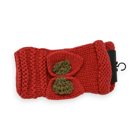 Roter Strickhandschuh mit zwei goldenen Knöpfen, gemütlich und modisch, perfekt für kalte Tage