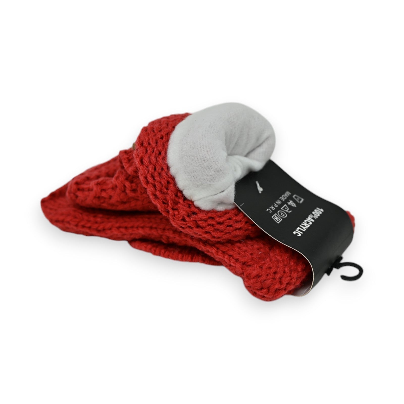 Roter Strickhandschuh mit weißem Innenfutter und schwarzem Etikett auf weißem Hintergrund