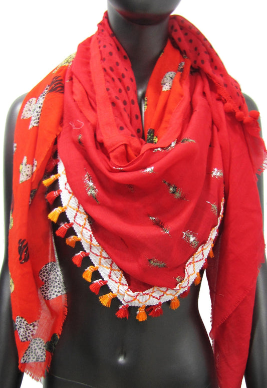 Patchwork-Schal mit 4 Seiten in Rot, Herz und Feder