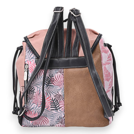Stilvoller Damenrucksack in Rosa mit tropischem Blattmuster, braunem Leder und schwarzen Trägern, perfekt für den Alltag