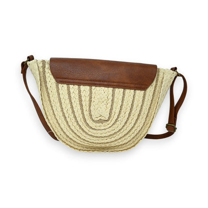 Runde Stroh-Schultertasche in Beige mit braunem Lederbesatz, goldenen Fäden und verstellbarem Schulterriemen