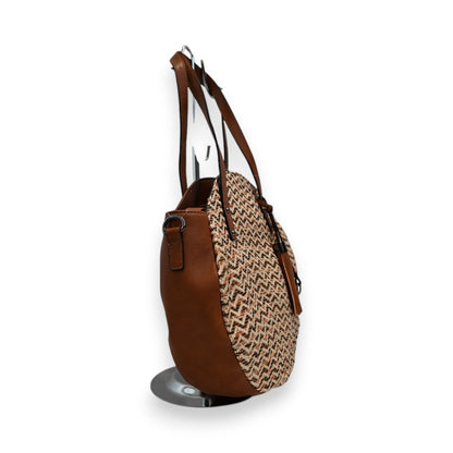 Runde Handtasche mit Chevron-Muster und braunem Leder, Mélanie Paris Modell, Kombination aus Strick und Leder