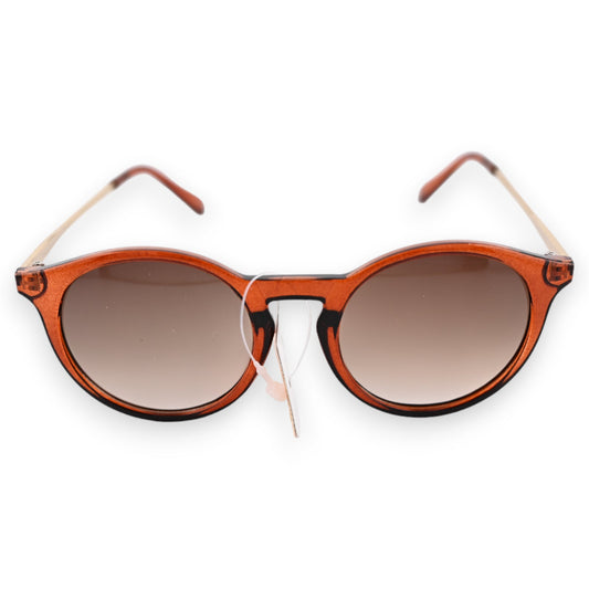Runde Sonnenbrille mit braunem transparentem Rahmen und goldfarbenen Bügeln, Farbverlauf-Gläser