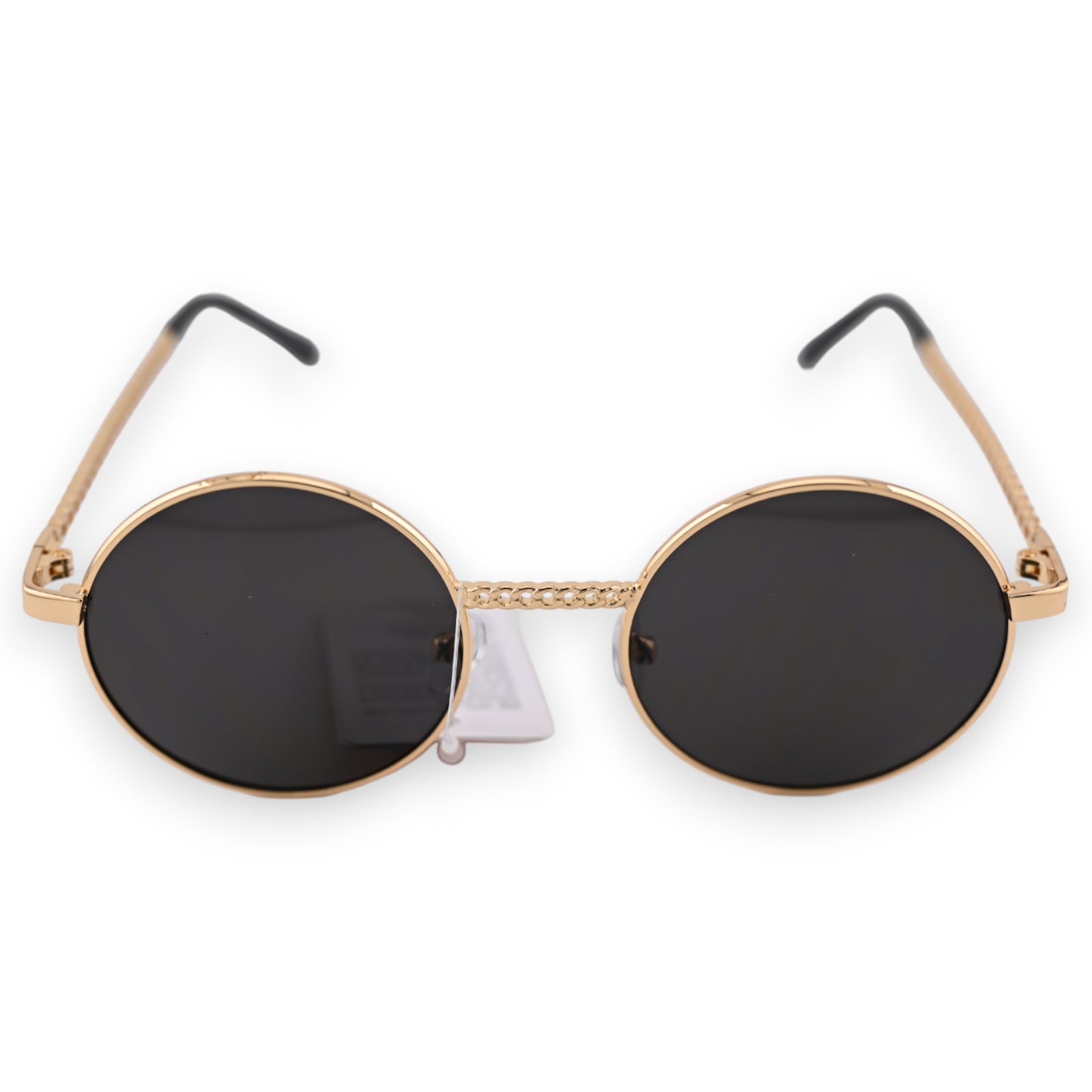 Runde Sonnenbrille mit goldenem Rahmen und schwarzen Gläsern, Retro-Stil, elegantes Accessoire für Sommer