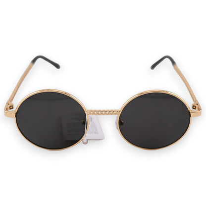 Runde Sonnenbrille mit goldenem Rahmen und schwarzen Gläsern, Retro-Stil, elegantes Accessoire für Sommer