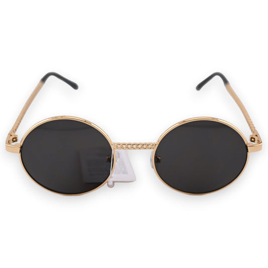 Runde Sonnenbrille mit goldenem Rahmen und schwarzen Gläsern, Retro-Stil, elegantes Accessoire für Sommer