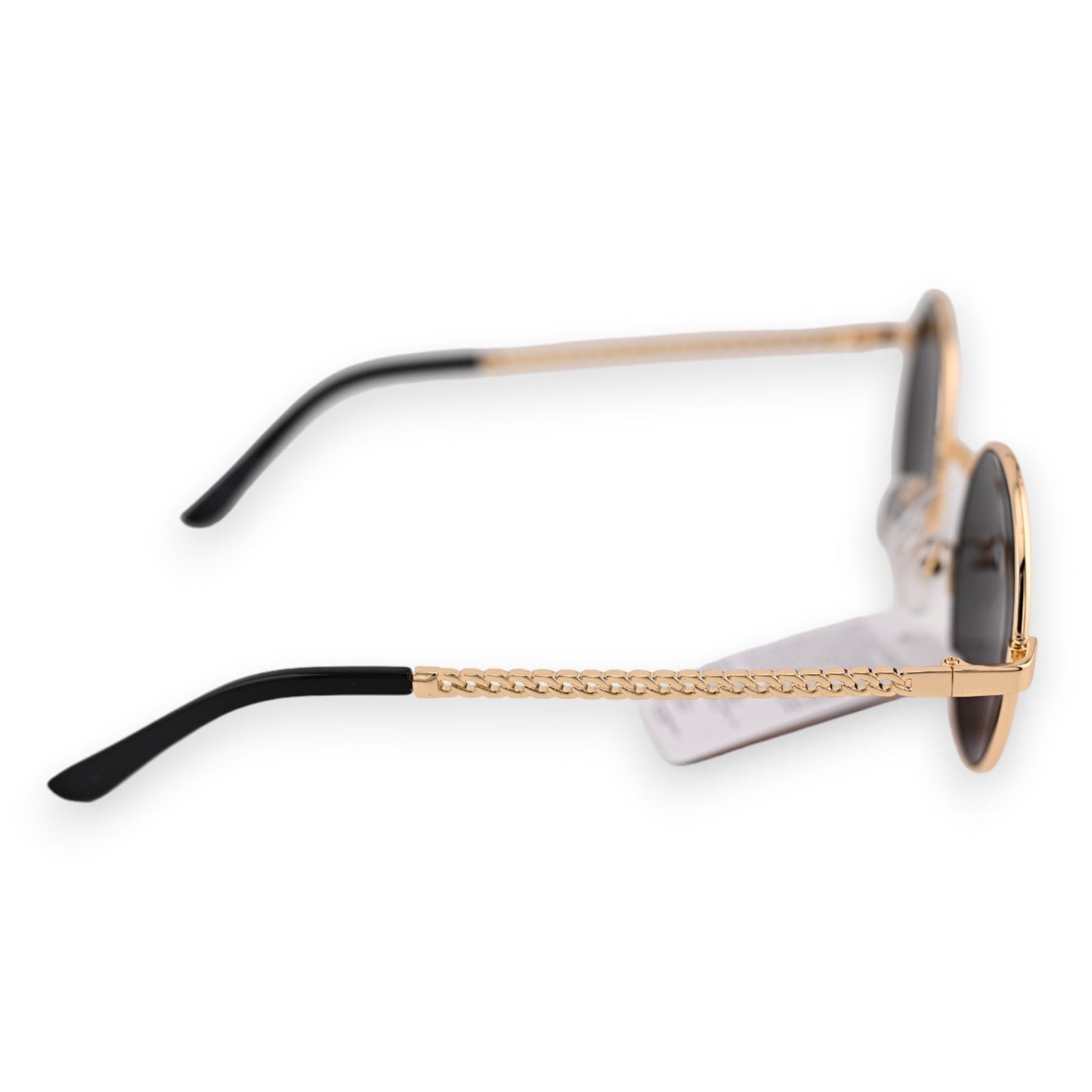 Runde Sonnenbrille mit goldenem Rahmen, schwarzen Bügeln und einer dekorativen Kettenverzierung am Seitenteil