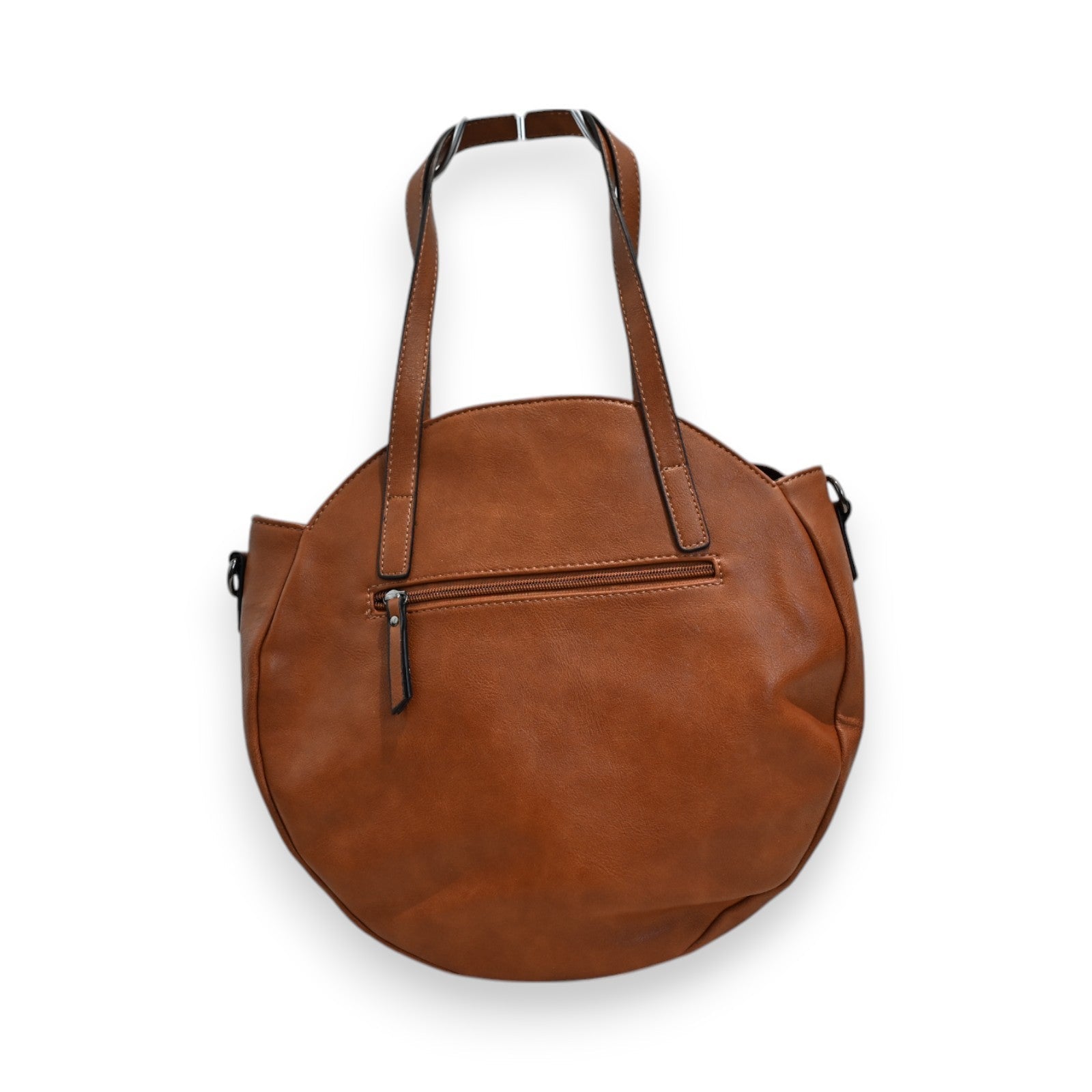 Runde braune Ledertasche mit Henkeln und Reißverschluss, im Stil von Mélanie Paris, elegantes Accessoire in Camelfarbe