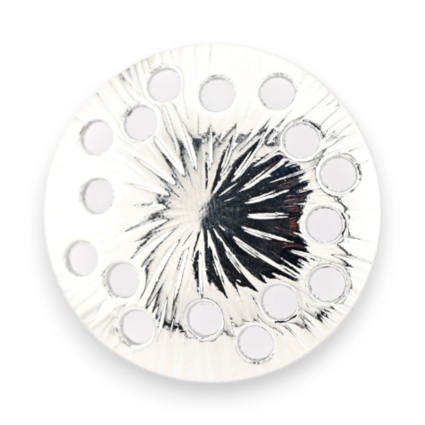 Runde magnetische Brosche mit strahlenförmigem Schwarz-Weiß-Muster und Löchern am Rand für Schmuckherstellung