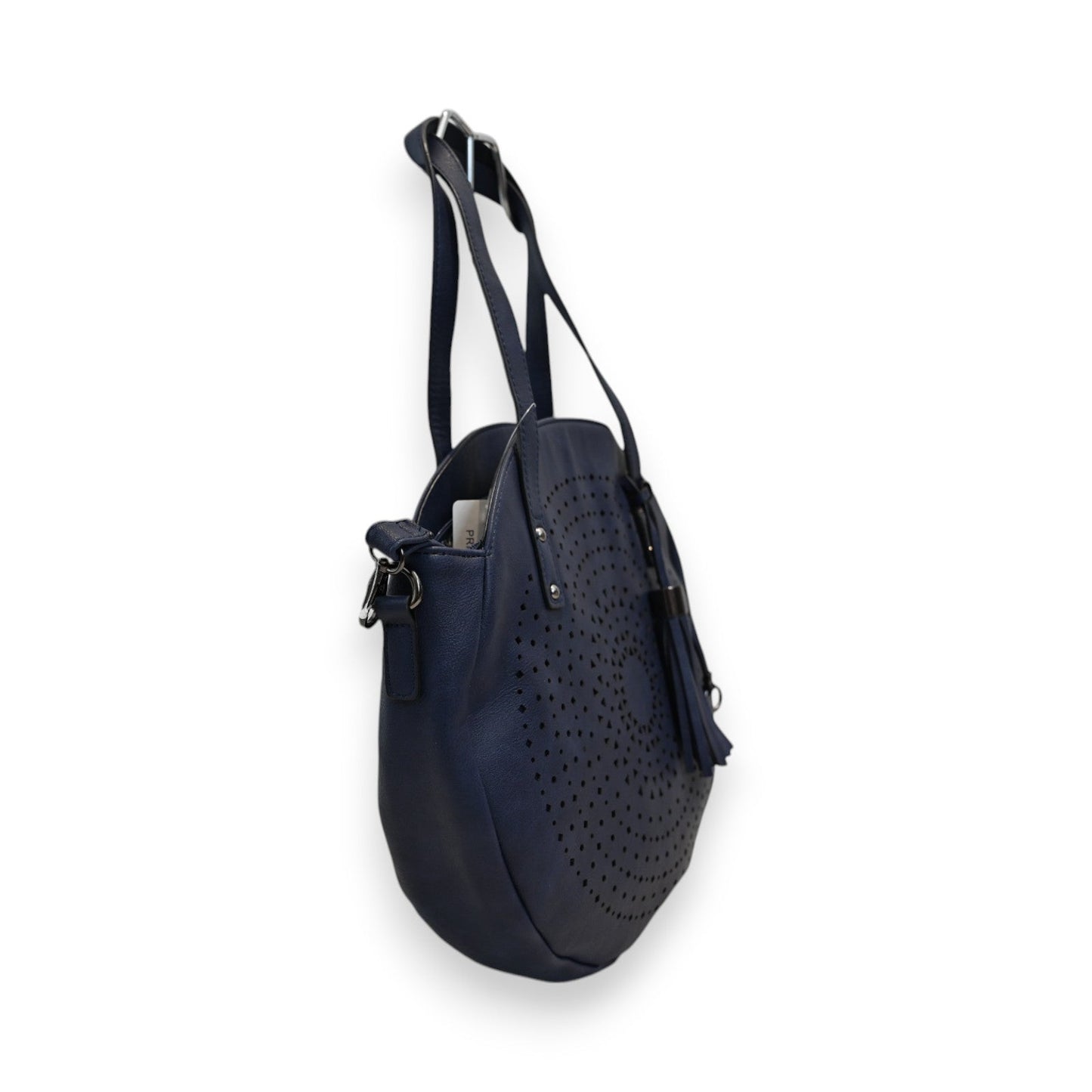 Runde marineblaue Handtasche mit Mandala-Lochmuster, Tragegriffen und Quaste, elegantes Design für Damen