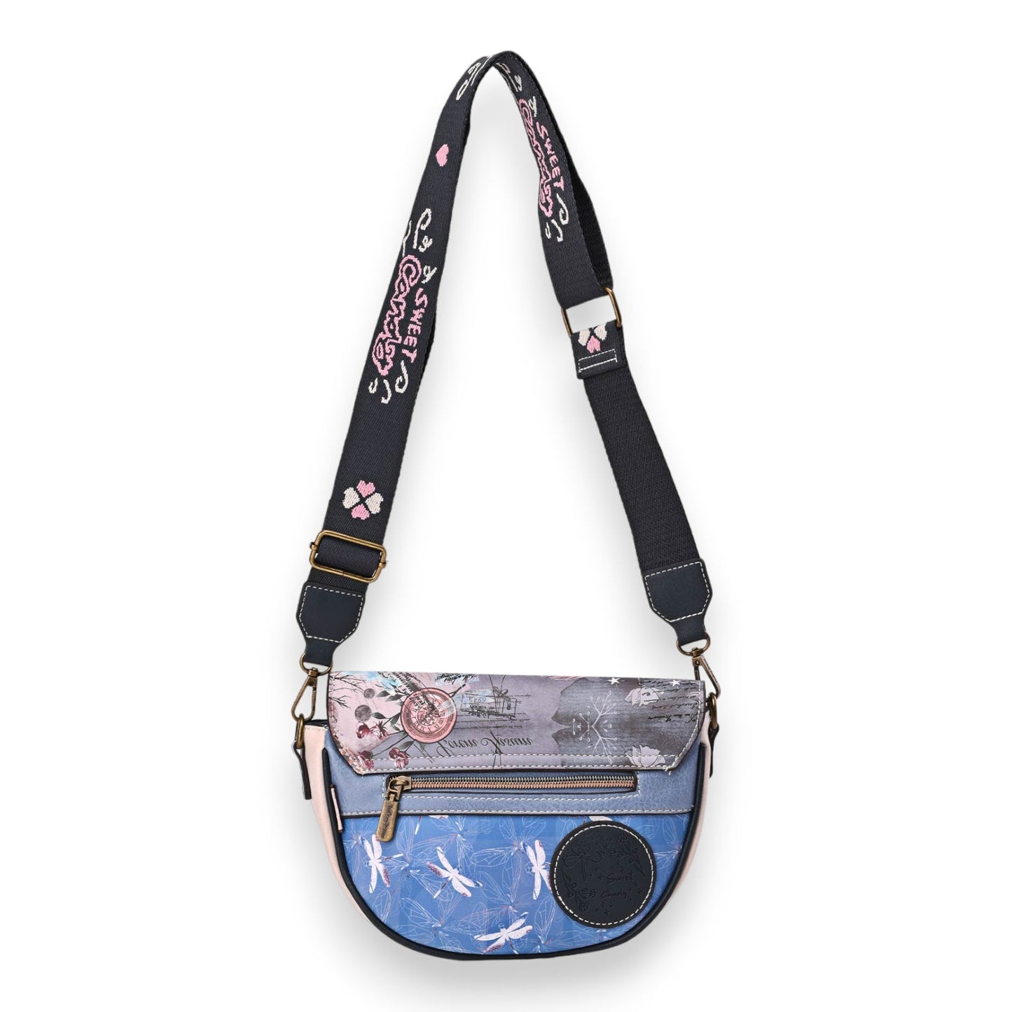 Runde Umhängetasche mit buntem Design, Libellenmuster und verstellbarem Schulterriemen, ideal zum Einkaufen und Spazieren