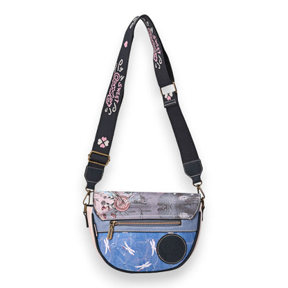 Runde Umhängetasche mit buntem Design, Libellenmuster und verstellbarem Schulterriemen, ideal zum Einkaufen und Spazieren