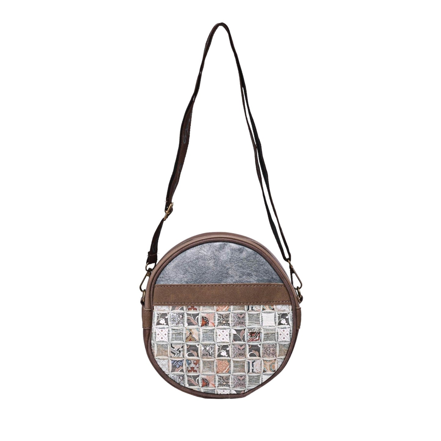 Runde Umhängetasche mit Tauben-Mosaik-Design, braunem Leder und grauem Filz, verstellbarer Schulterriemen