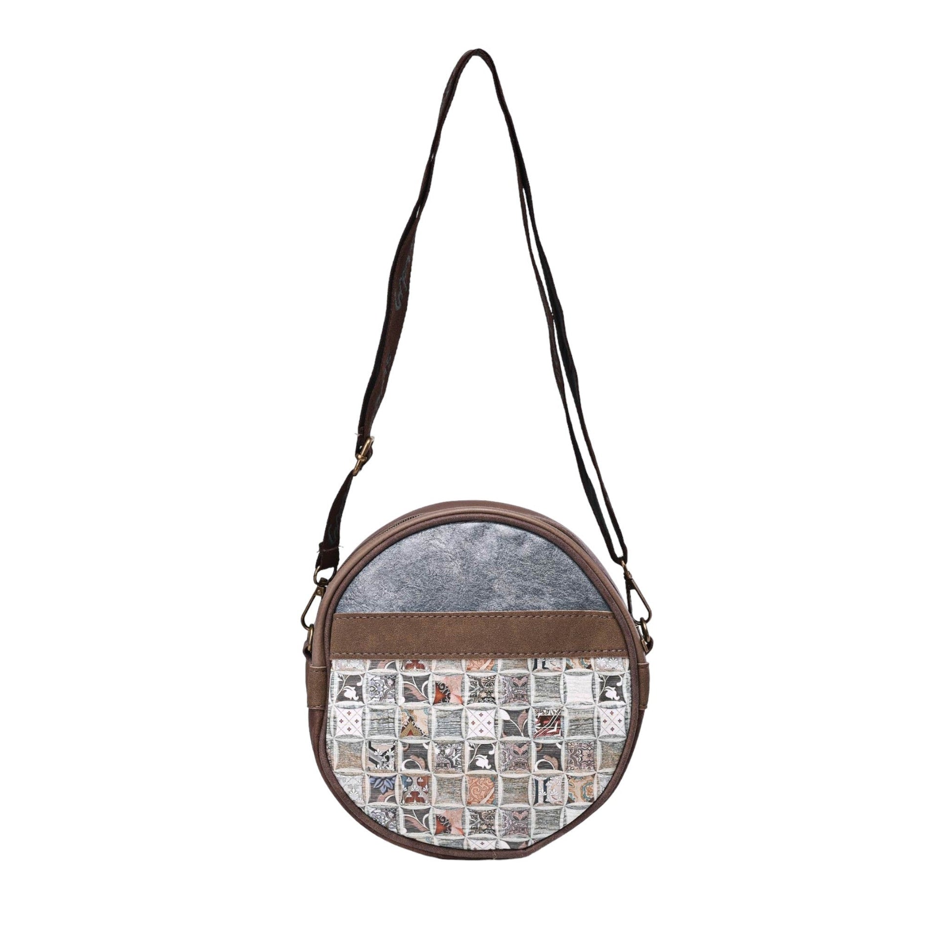 Runde Umhängetasche mit Tauben-Mosaik-Design, braunem Leder und grauem Filz, verstellbarer Schulterriemen
