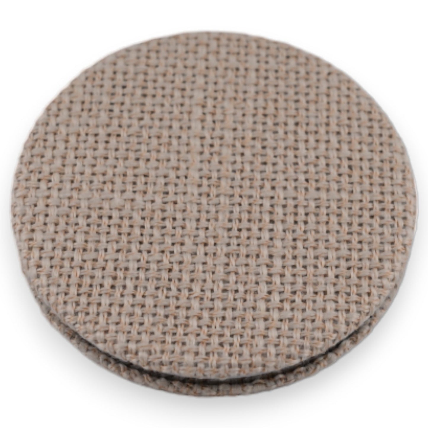 Runder Taschenspiegel mit beigefarbenem Textilbezug in Weboptik, kompaktes Design für unterwegs