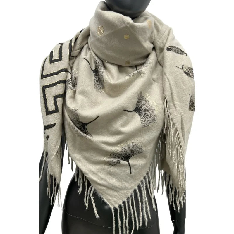 Patchwork-Schal 4-seitig Fleece Beige mit goldenen Verzierungen
