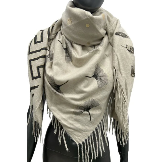 Patchwork-Schal 4-seitig Fleece Beige mit goldenen Verzierungen