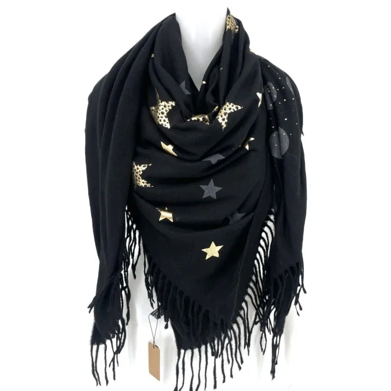 Quadratischer Patchwork-Schal Schwarz Fleece Sterne und Federn