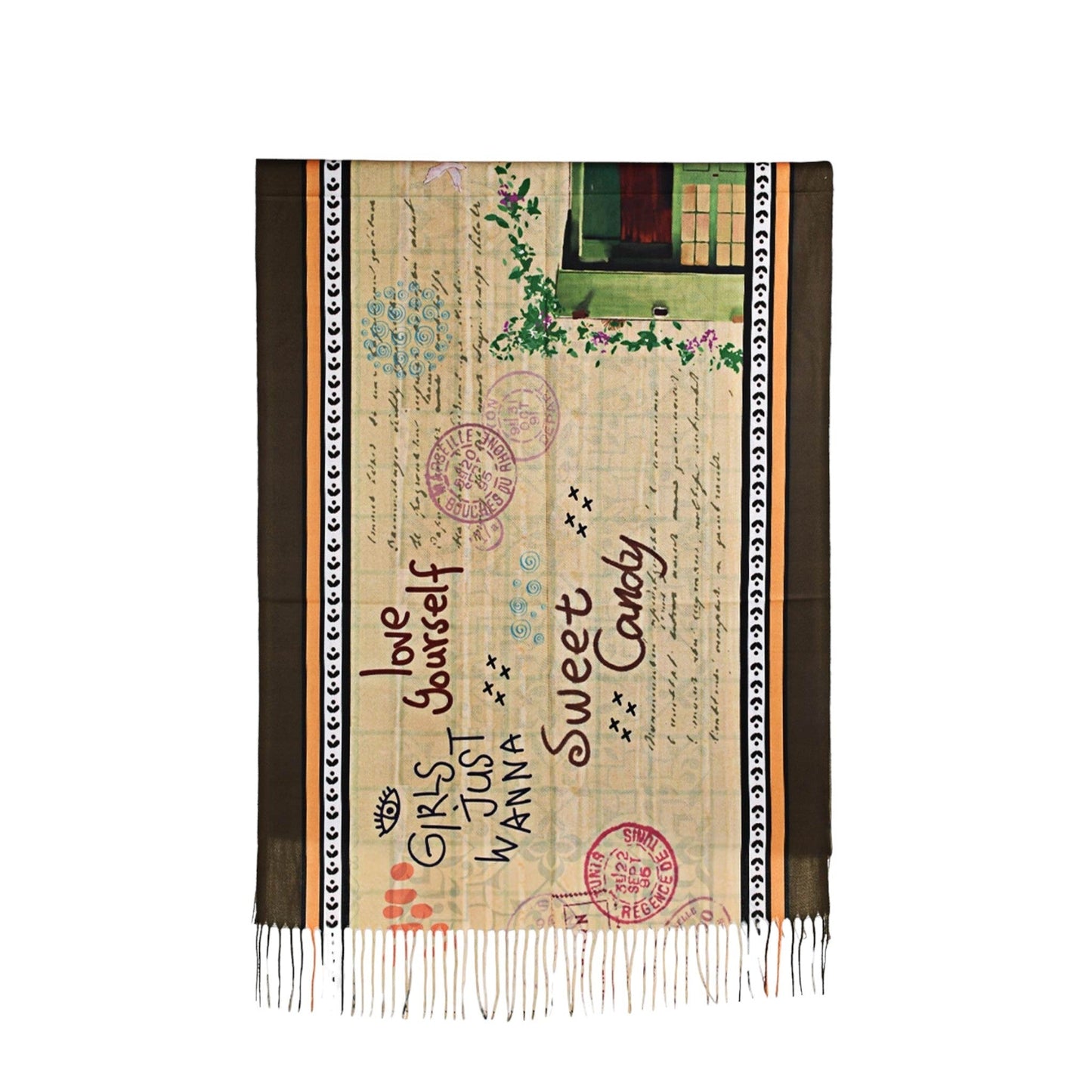 Kunstvoller Schal mit Aufschrift 'love yourself', Blumenmotiven, Briefmarken und Fenster-Illustration, Fransen am unteren ...
