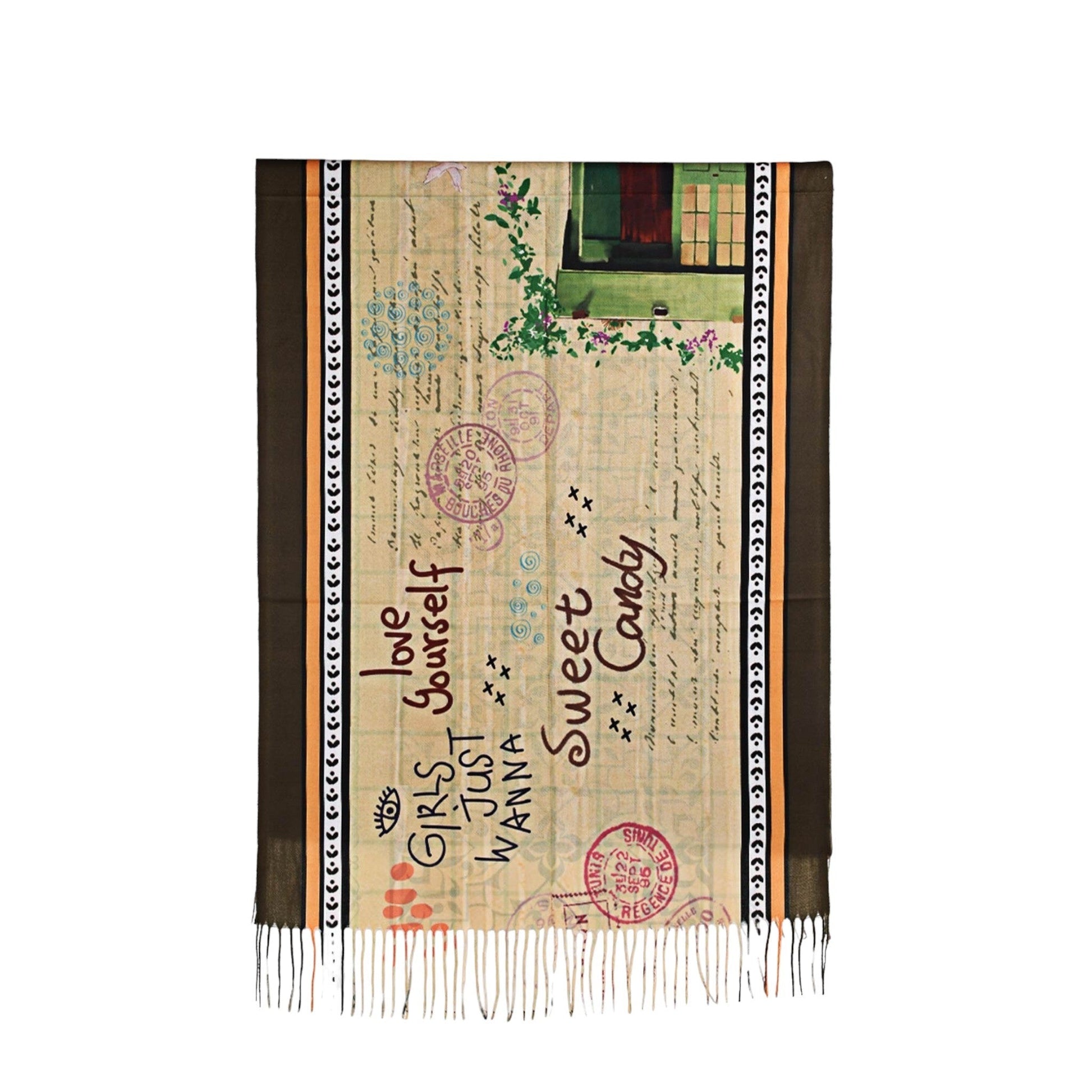 Kunstvoller Schal mit Aufschrift 'love yourself', Blumenmotiven, Briefmarken und Fenster-Illustration, Fransen am unteren ...