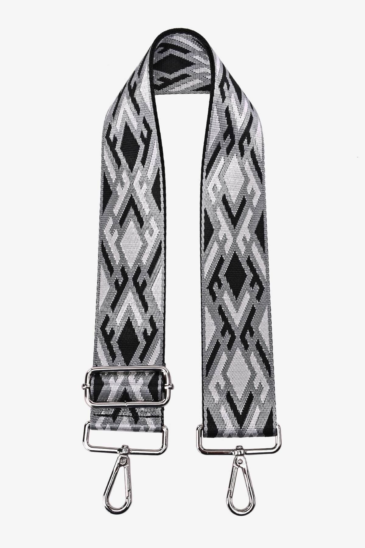 Geometrisch gemusterter Schulterriemen in Schwarz und Grau mit Metallkarabinern, ideal für Taschen und Handtaschen