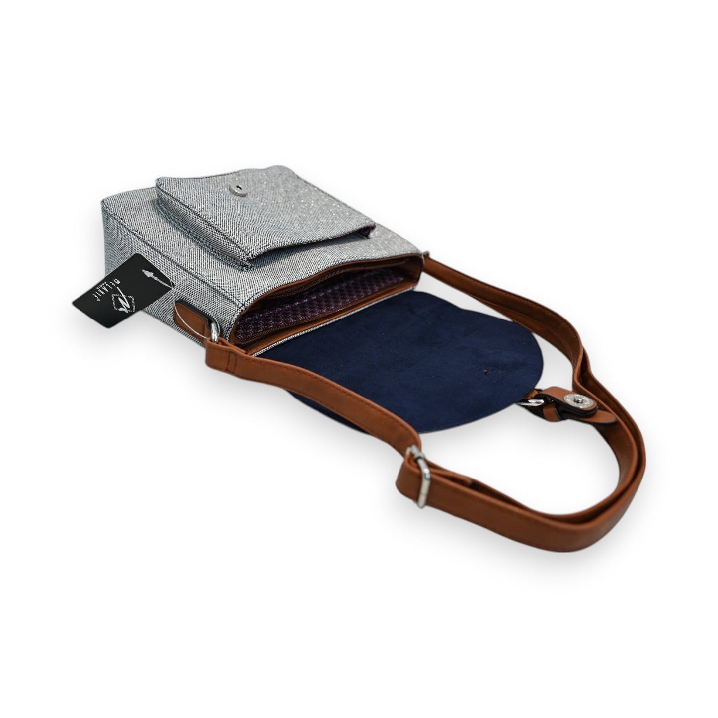 Elegante Schultertasche aus grauem Leinen mit Lurex, braunem Lederriemen und marineblauem Innenfutter, geöffnet