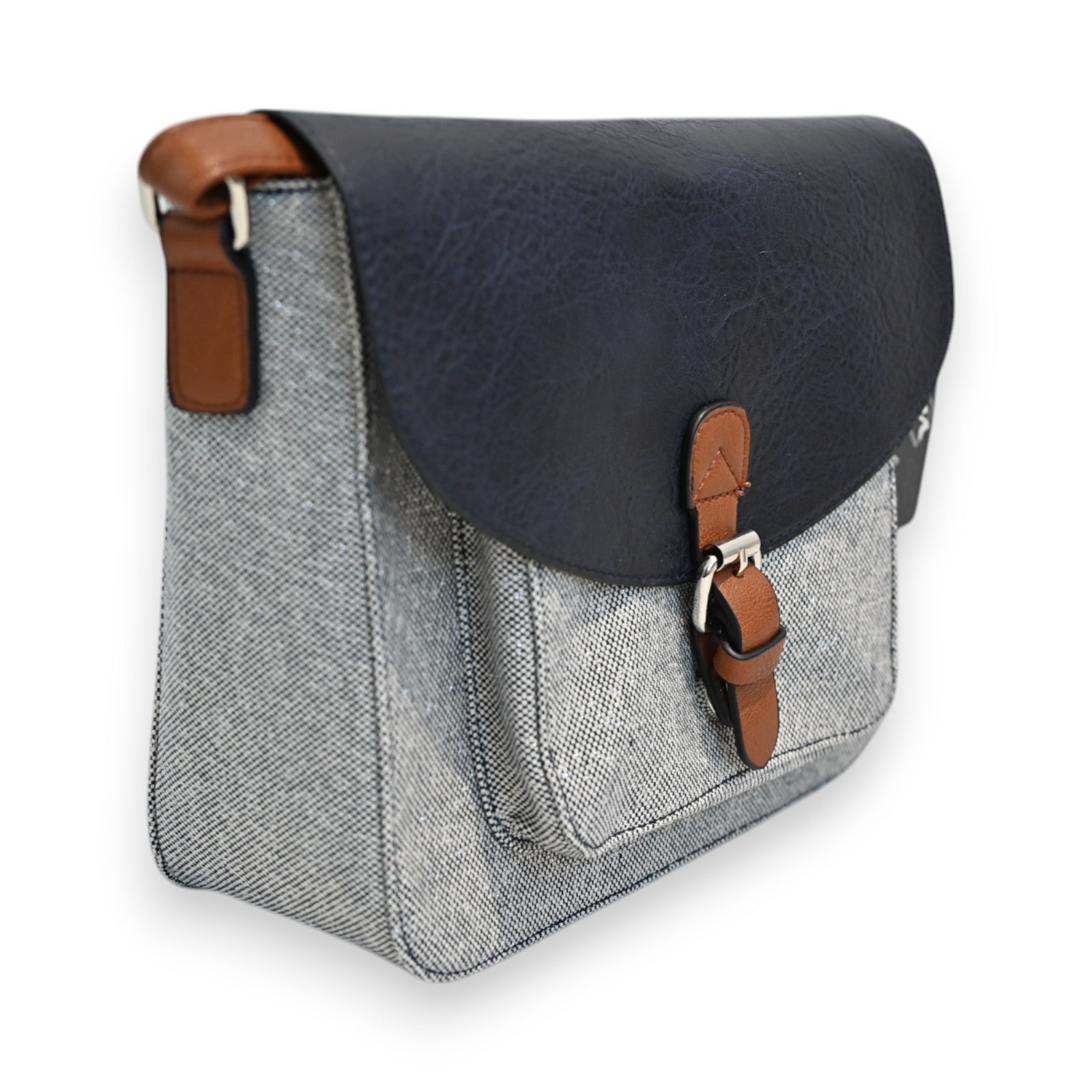 Elegante Schultertasche aus Leinen mit Lurex, marineblaue Klappe, braune Lederdetails und Schnallenverschluss