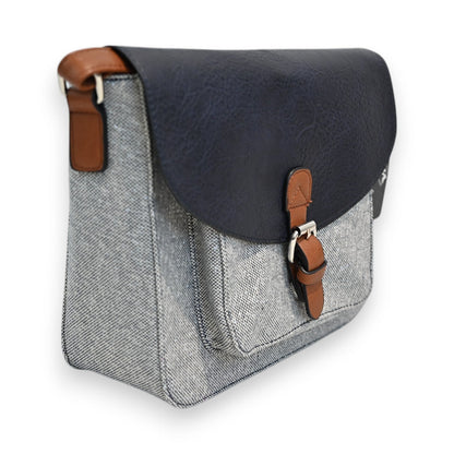 Elegante Schultertasche aus Leinen mit Lurex, marineblaue Klappe, braune Lederdetails und Schnallenverschluss