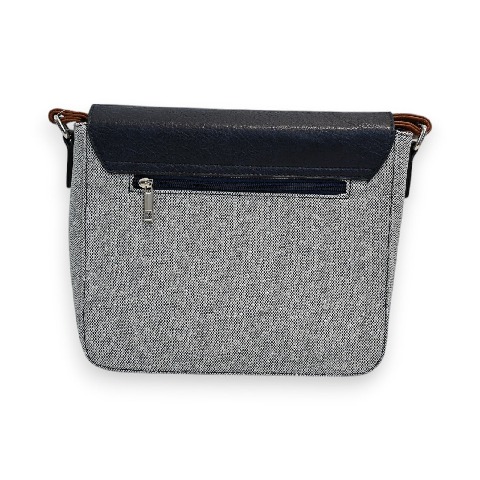 Elegante Schultertasche Mélanie Paris in Marineblau und Grau, Leinen mit Lurex, Lederdetails und Reißverschluss