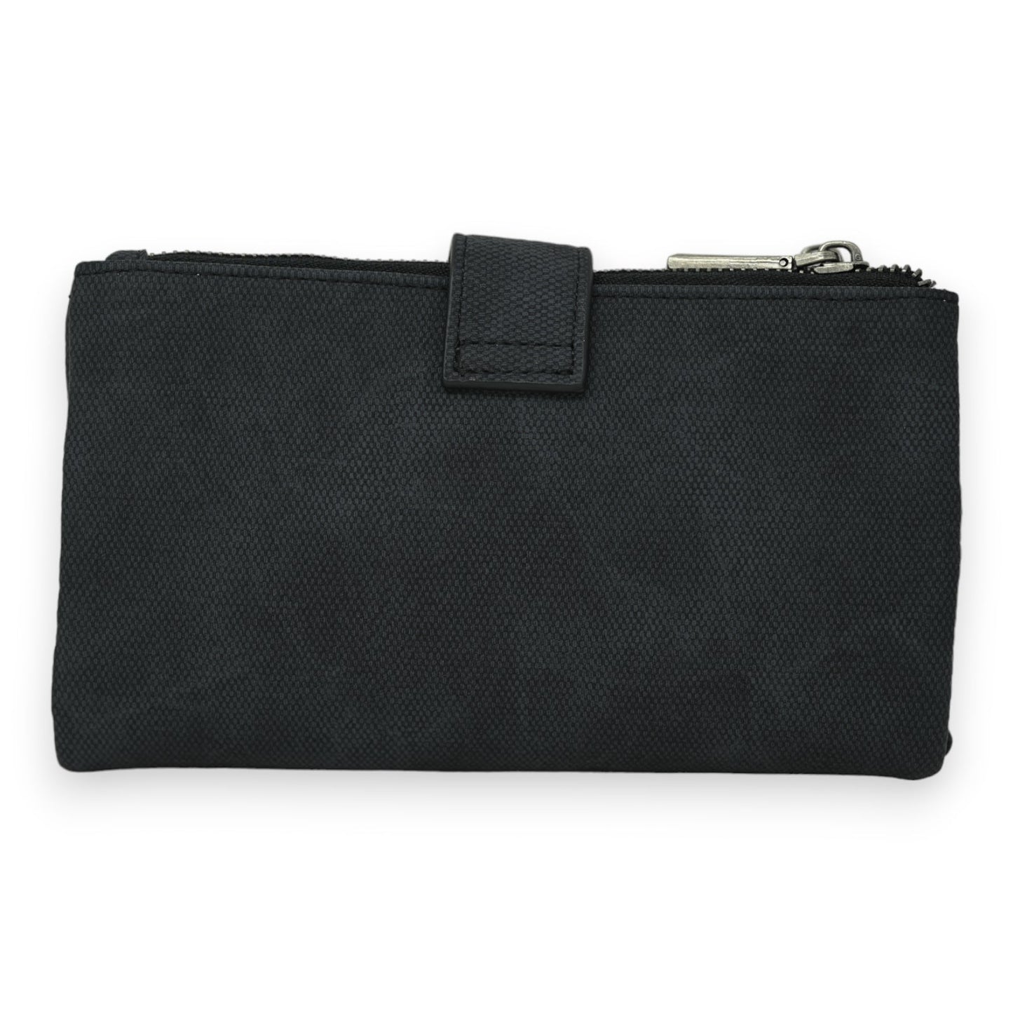 Schwarze Begleitbörse mit Reißverschluss und Druckknopf-Verschluss, aus texturiertem Stoff, flaches Design