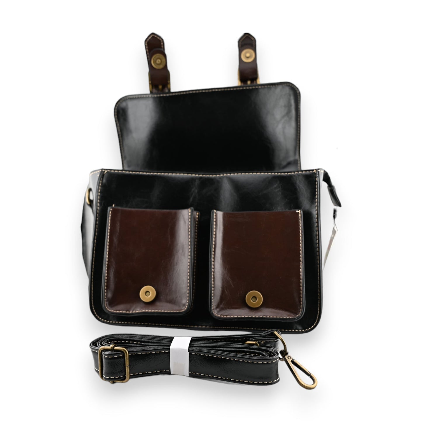 Schwarze Lederaktentasche mit braunen Fronttaschen, Metallverschlüssen und abnehmbarem Schultergurt im Vintage-Stil