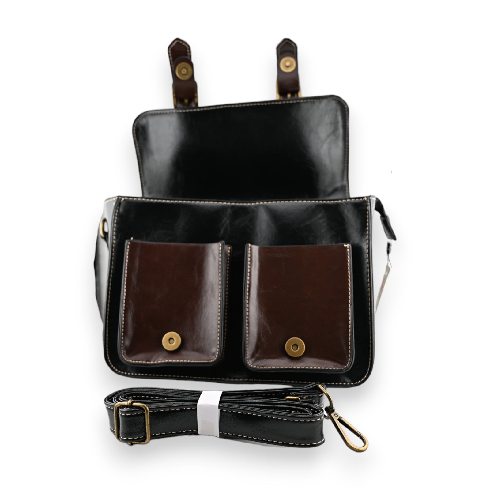 Schwarze Lederaktentasche mit braunen Fronttaschen, Metallverschlüssen und abnehmbarem Schultergurt im Vintage-Stil