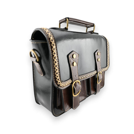Schwarze und braune Vintage-Aktentasche aus Leder mit Goldverzierungen, Riemen und dekorativem Randmuster
