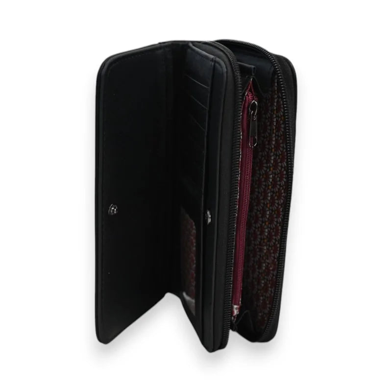 Schwarze Geldbörse Mélanie Paris mit silbernem Lochmuster, mit Reißverschluss und Fächern