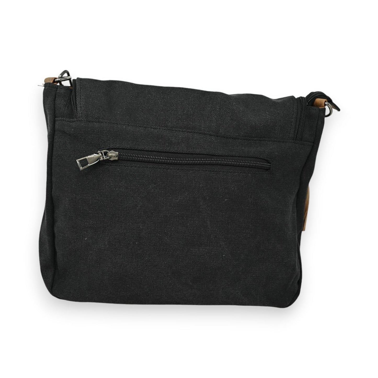 Schwarze Canvas-Schultertasche mit Reißverschlusstasche, Vintage-Look, robuste Trageriemen und praktisches Design