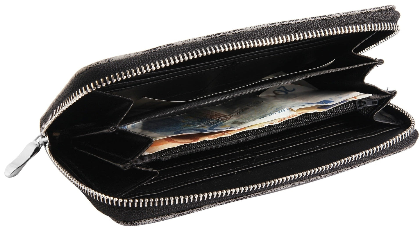 Schwarze Damen Geldbörse mit Reißverschluss, mehreren Fächern und Kartenschlitzen, enthält Geldscheine, geöffnet