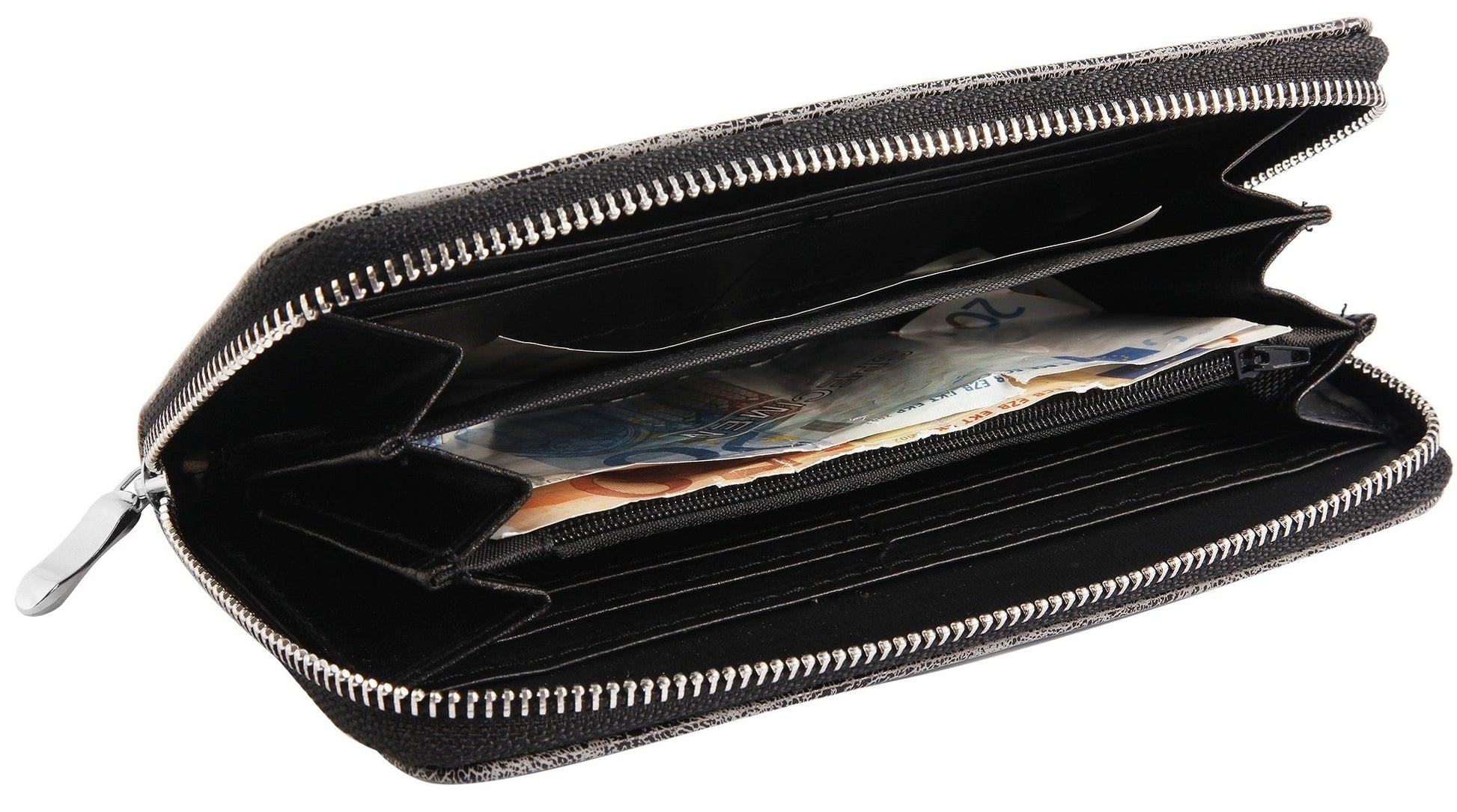 Schwarze Damen Geldbörse mit Reißverschluss, mehreren Fächern und Kartenschlitzen, enthält Geldscheine, geöffnet