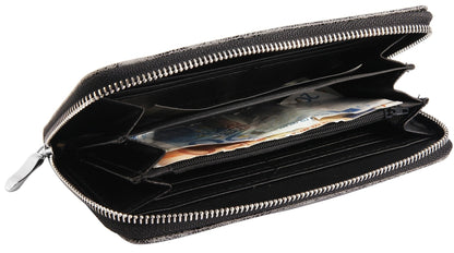 Schwarze Damen Geldbörse mit Reißverschluss, mehreren Fächern und Kartenschlitzen, enthält Geldscheine, geöffnet