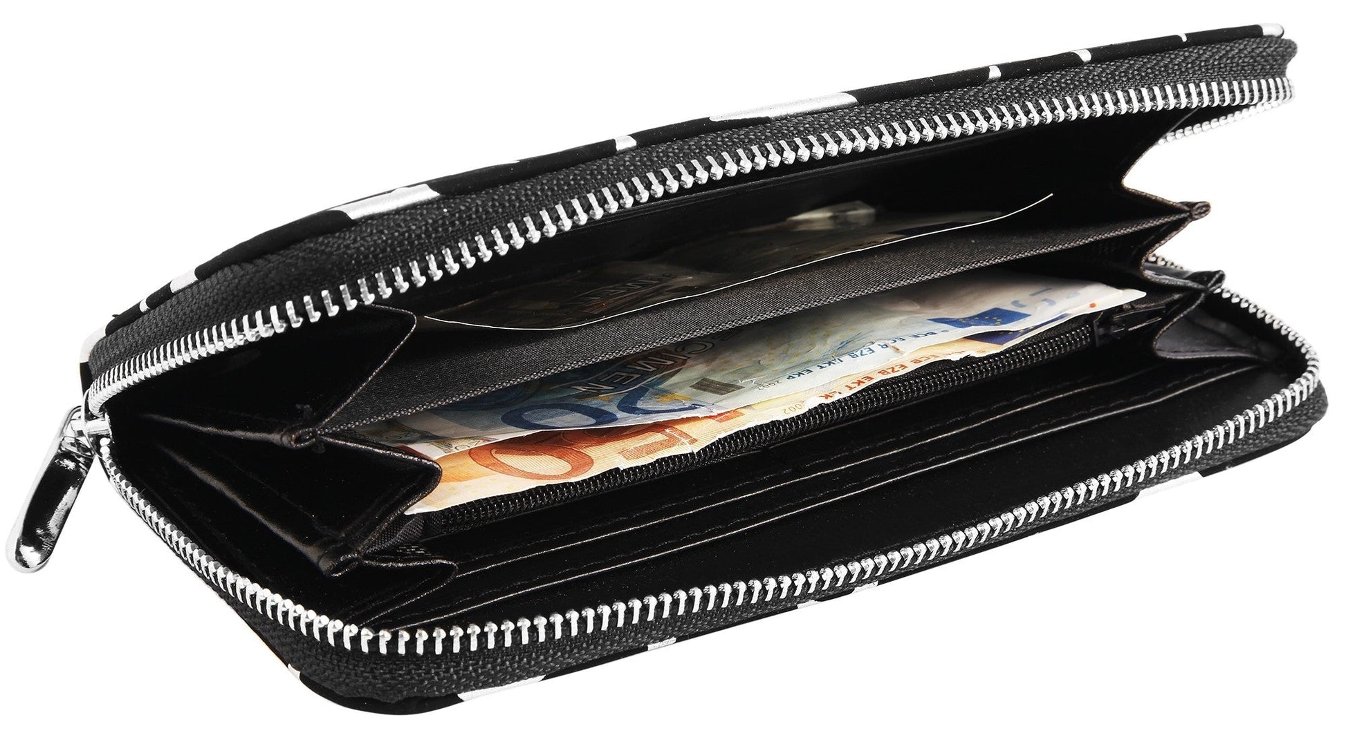 Schwarze Damen-Geldbörse mit silbernen Sternen, Reißverschluss und mehreren Fächern für Geldscheine und Karten