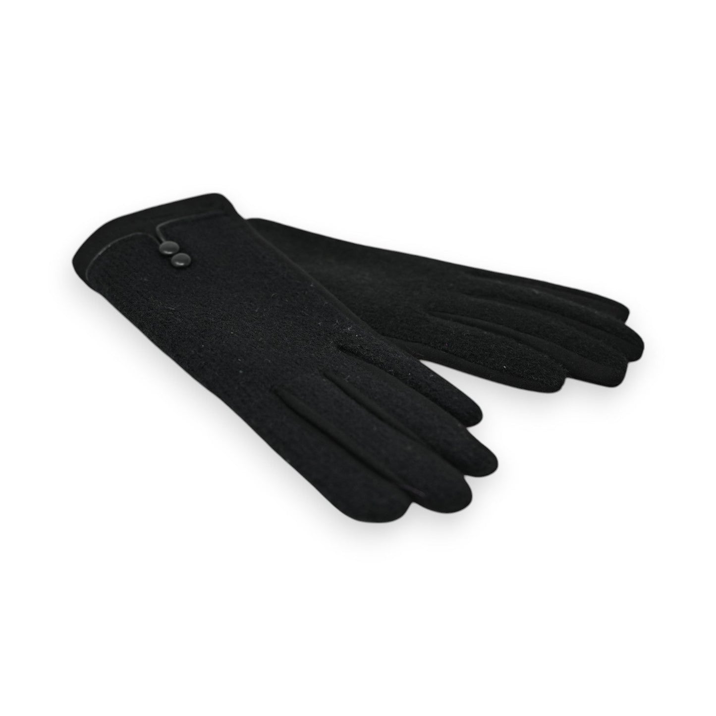 Elegante schwarze Damenhandschuhe aus Filz mit zwei kleinen Knöpfen am Handgelenk, auf weißem Hintergrund