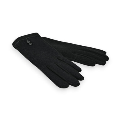Elegante schwarze Damenhandschuhe aus Filz mit zwei kleinen Knöpfen am Handgelenk, auf weißem Hintergrund