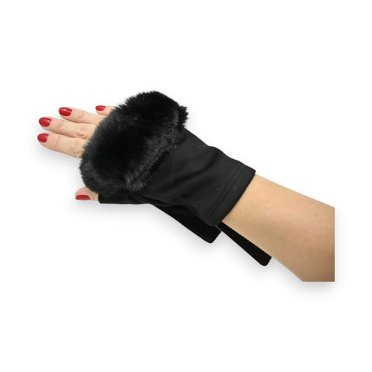 Schwarzer Faux-Pelz-Handschuh mit rotem Nagellack, fingerlos, elegant und warm für kalte Tage