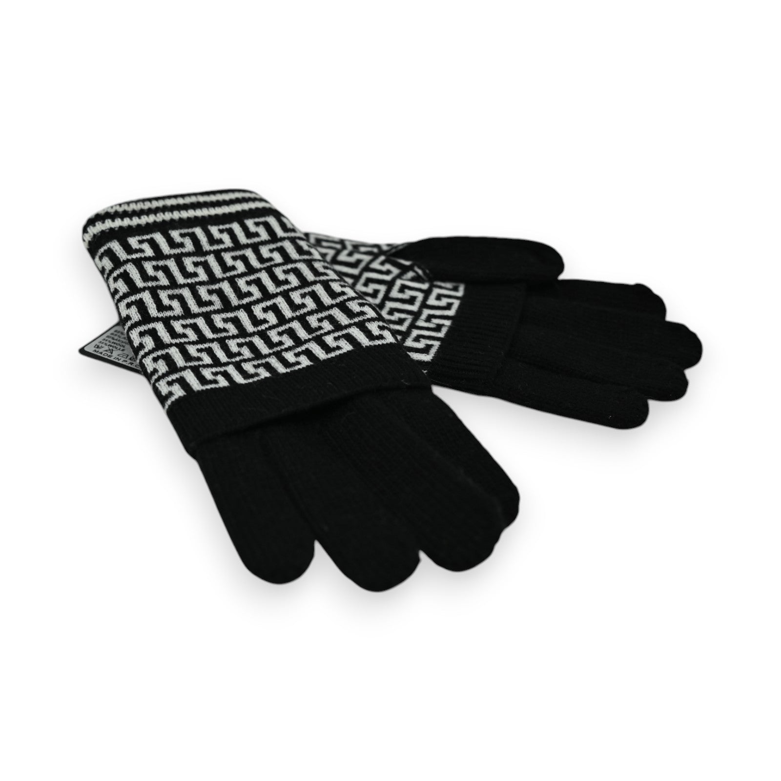 Schwarze Handschuhe mit geometrischem Schwarz-Weiß-Muster am Bund, elegantes Design für Herbst und Winter