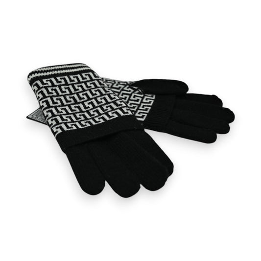 Schwarze Handschuhe mit geometrischem Schwarz-Weiß-Muster am Bund, elegantes Design für Herbst und Winter