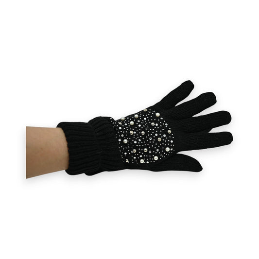 Schwarzer Strickhandschuh mit Perlen und Strass verziert, elegantes Design für kalte Tage, modisches Accessoire