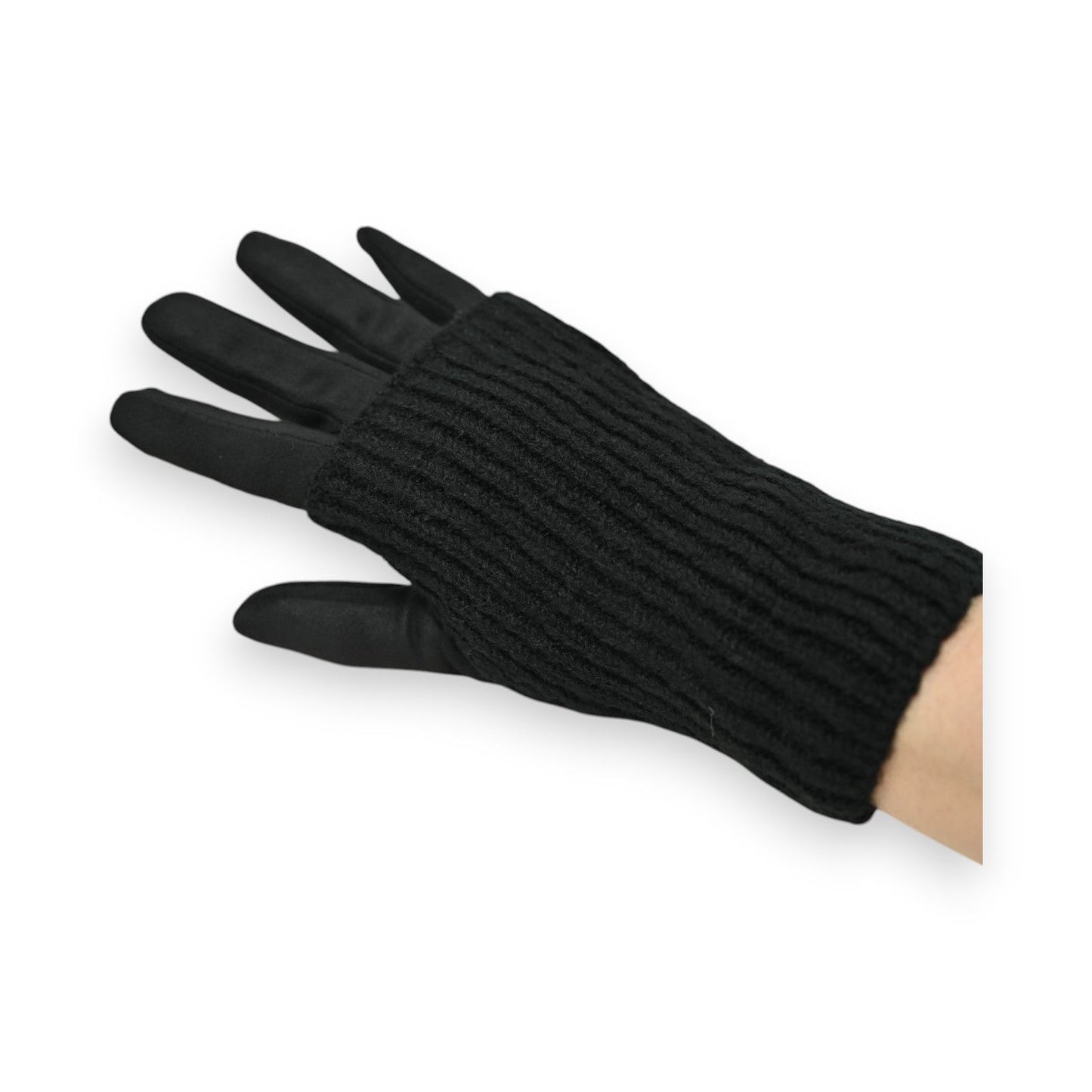 Schwarzer Handschuh mit glattem Wildlederimitat an den Fingern und geripptem Strickbund am Handgelenk auf weißem Hintergrund