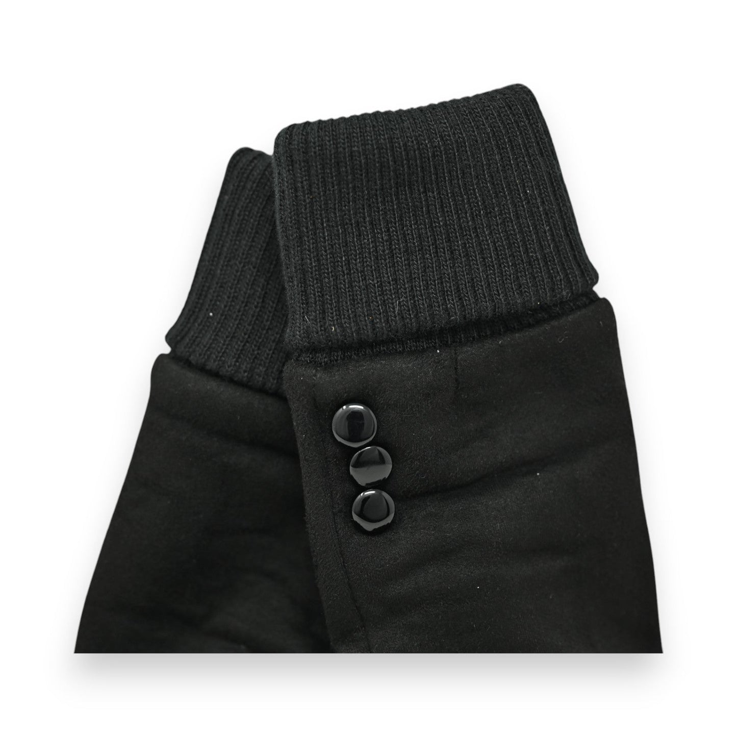 Schwarze Handschuhe mit Strickbündchen und Wildlederoptik, drei Knöpfe als Detail, elegantes Design für kalte Tage