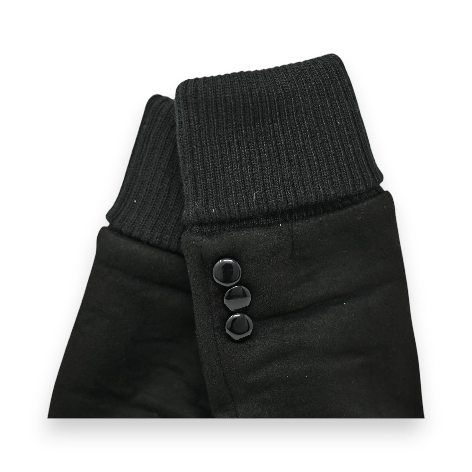 Schwarze Handschuhe mit Strickbündchen und Wildlederoptik, drei Knöpfe als Detail, elegantes Design für kalte Tage